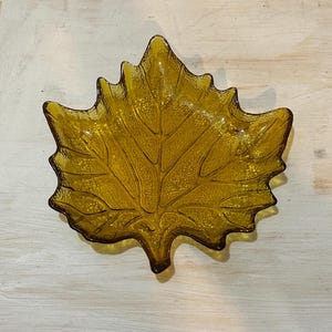 Amber color Glass candy bowl/dish,  maple leaf, Vintage