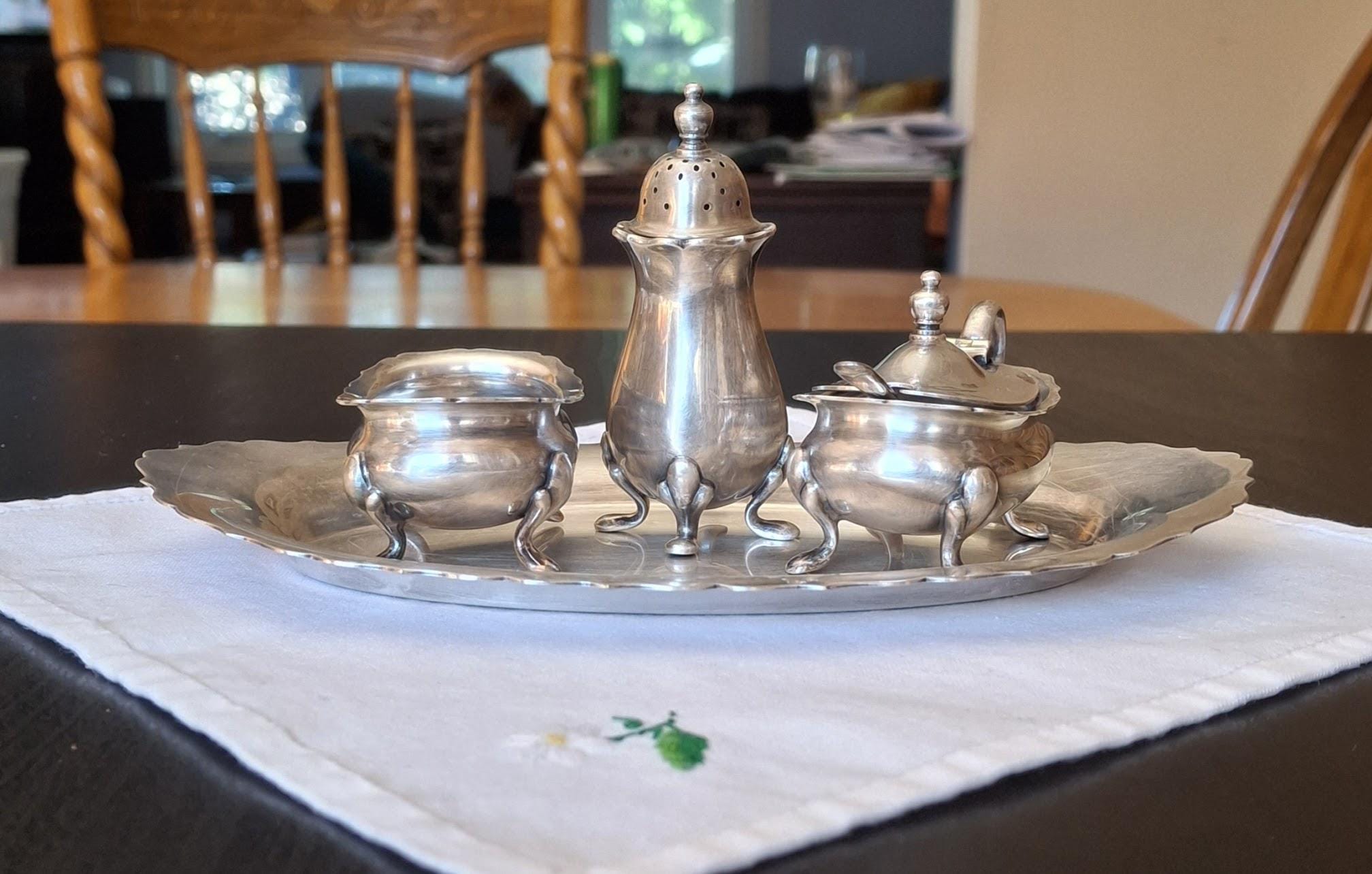 Mappin and Webb, 4 Piece, Condiment Set With Tiny Spoon, Vintage