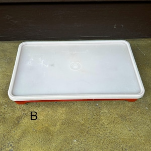 Op de afbeelding: Een rechthoekige Tupperware-opbergbak met een doorschijnend wit deksel en een effen oranje onderkant. Het deksel heeft een centraal cirkelvormig ontwerp en de merknaam Tupperware in reli&euml;f. De letter B is in het zwart afgedrukt.