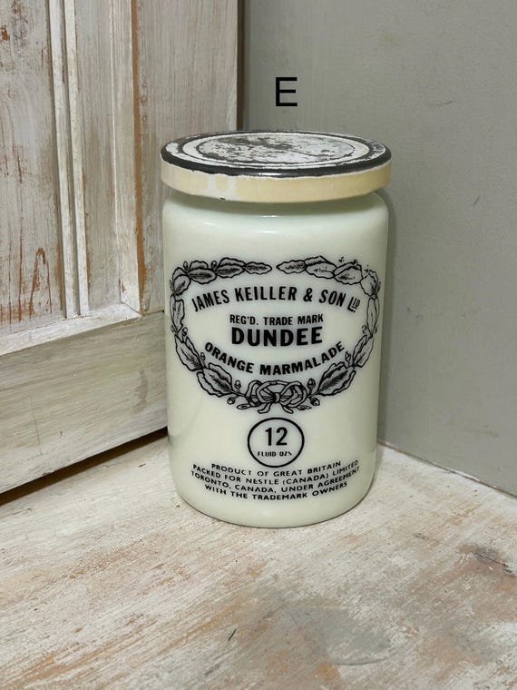 James Keiller & Sons Ltd. Dundee Orange Marmalade Jars, Milk Glass