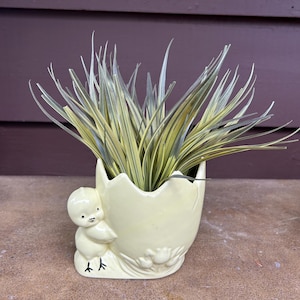 Könnte beinhalten: Ein hellgelber Keramik-Pflanztopf in Form eines zerbrochenen Eis, mit einer kleinen Kükenfigur an der Seite. Der Topf ist mit grünem und gelbem Kunstgras gefüllt. Der Topf ist ein dekorativer Gegenstand.