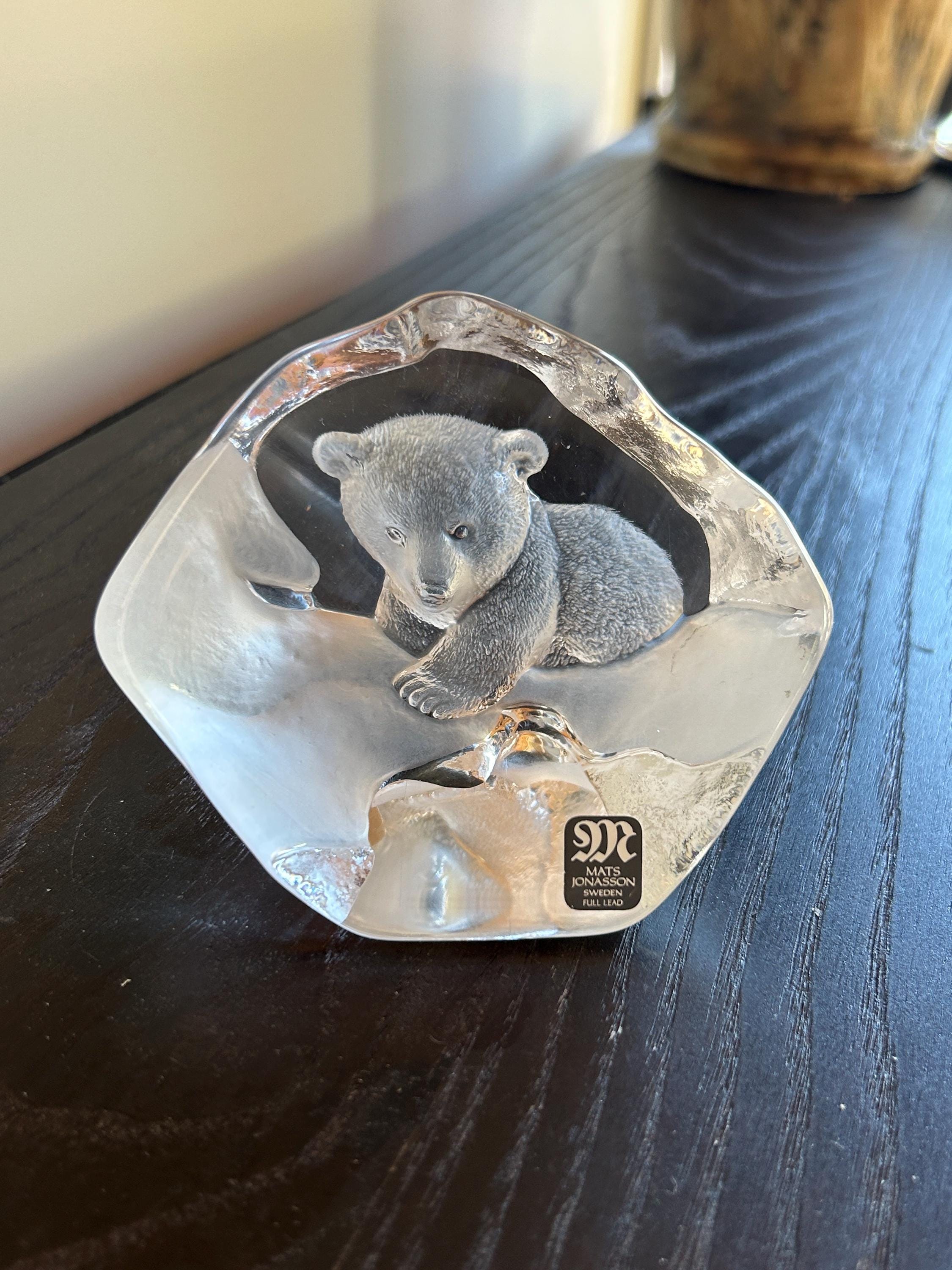 Mats Jonasson, Paperweight, Sweden, Signed, Bear Cub, Crystal