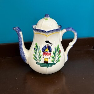 Quimper Henriot MBFA Pornic France Ceramic Hand Painted Coffee pot- St Malo "Petit Breton" - French Mid-Century Vintage 1960s