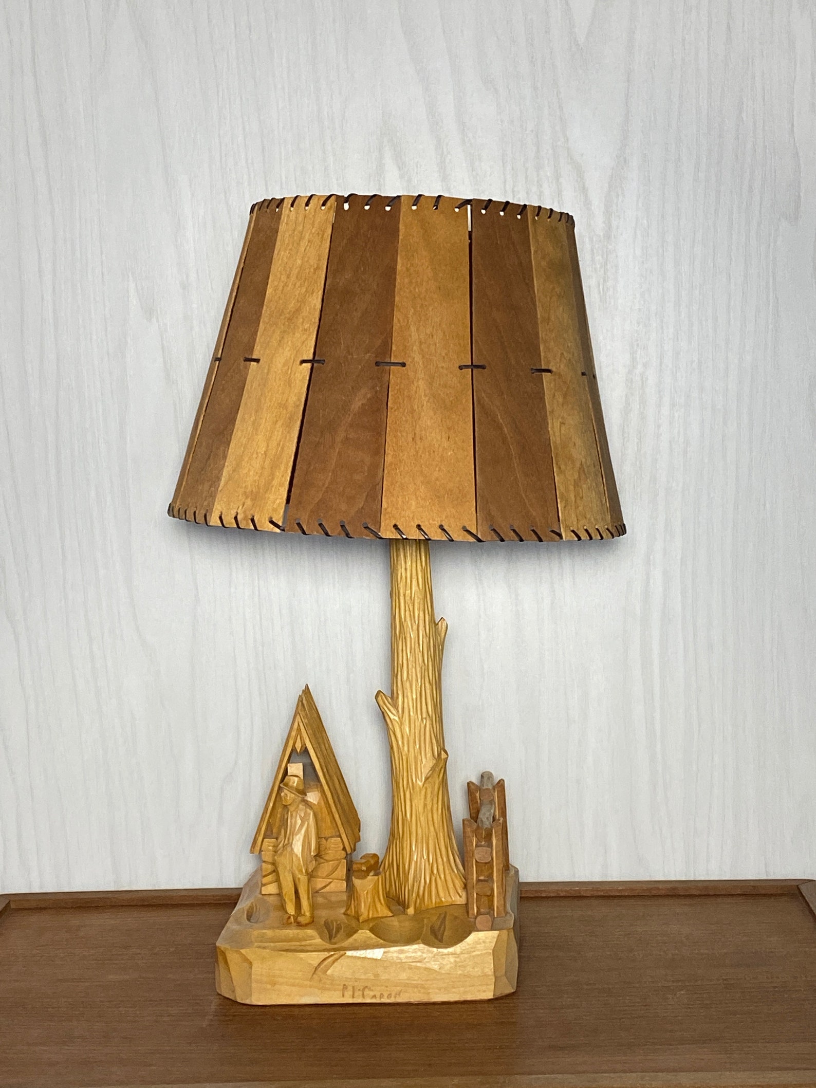 Carved Wood Folk Art Lamp P. E. Caron Etsy Australia