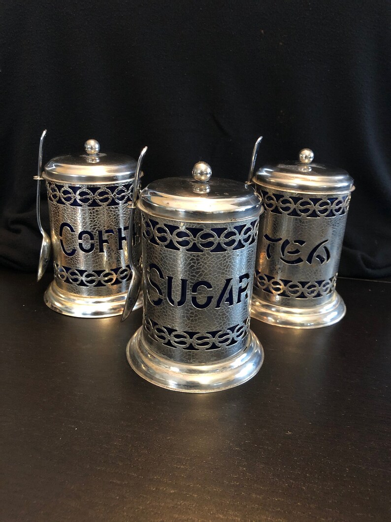 Silver Plated Tea Sugar Coffee Canisters With Spoon Etsy