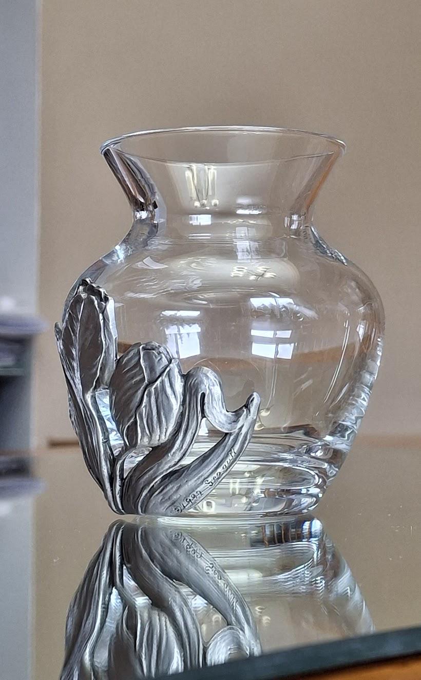 Seagull Pewter, Small Glass Vase, Tulip Design, Flowers, Vintage