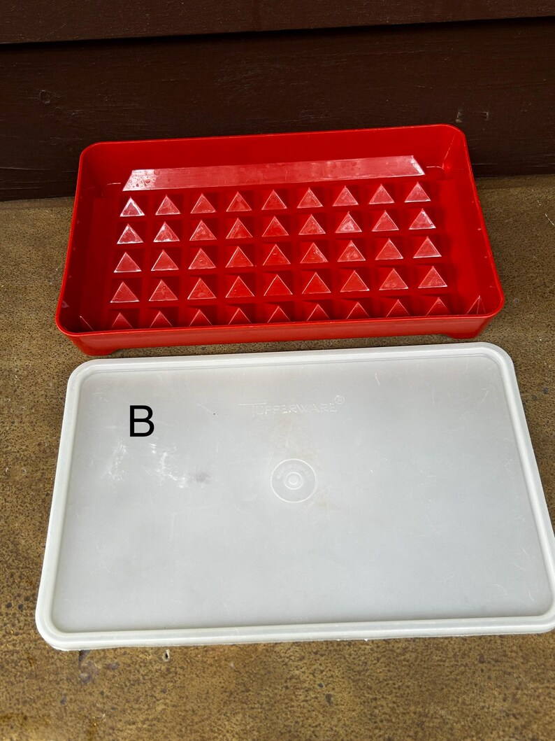 Op de afbeelding: Een rechthoekig rood plastic dienblad met een raster van kleine driehoekige inkepingen en een apart doorschijnend wit plastic deksel. Het deksel is voorzien van de letter B en de merknaam Tupperware in reli&euml;f.