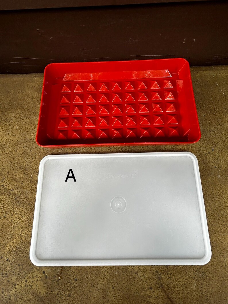 Op de afbeelding: Een rechthoekig rood plastic dienblad met een raster van verhoogde driehoekige inkepingen op de bodem, gecombineerd met een apart, doorschijnend wit rechthoekig deksel. Het deksel is gemarkeerd met de letter A en de merknaam Tupperware.