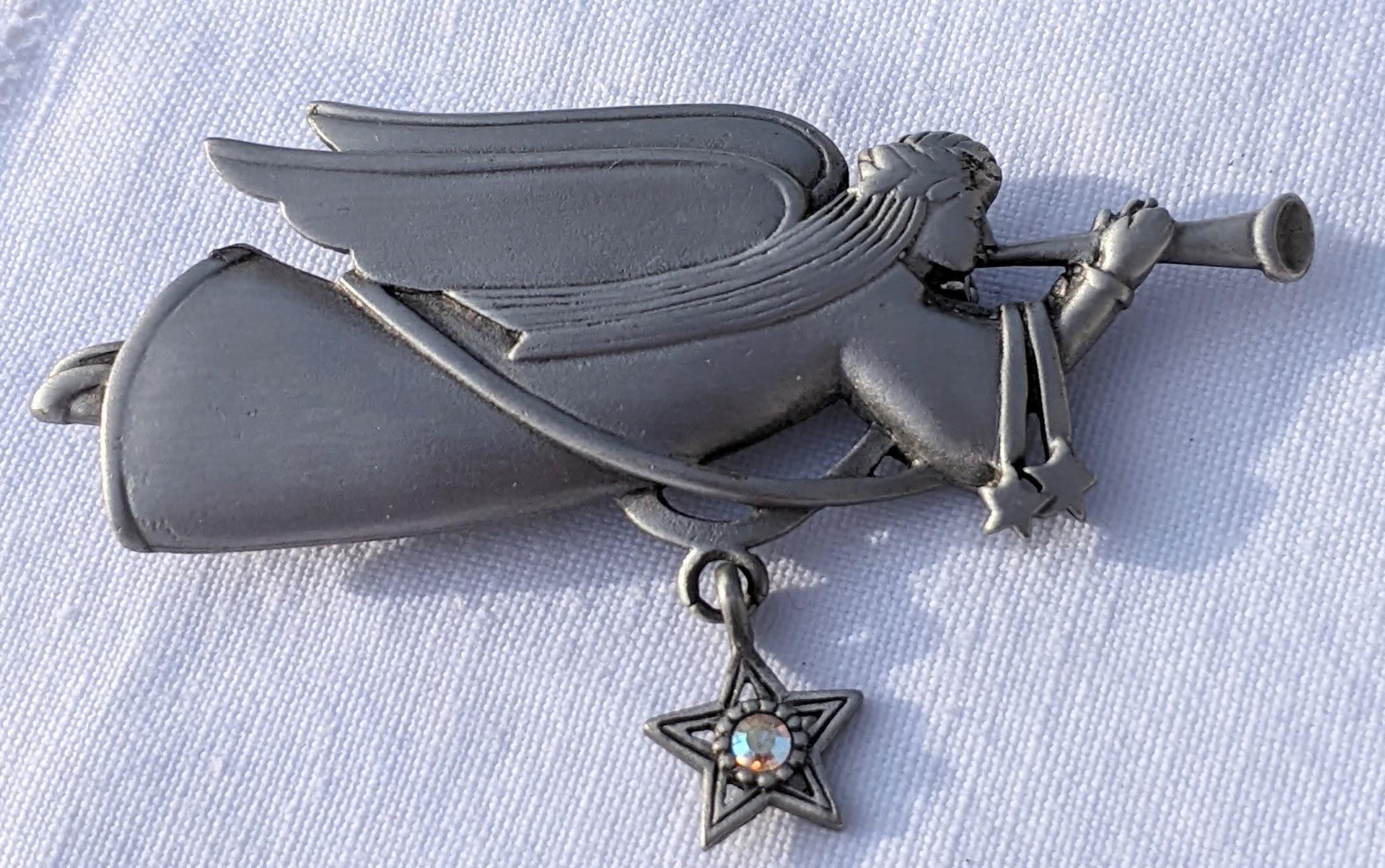 Broche Vintage Ange En étain Avec Cheveux Dorés, étoile Bleue Et Coeur Rouge - Marquée JJ