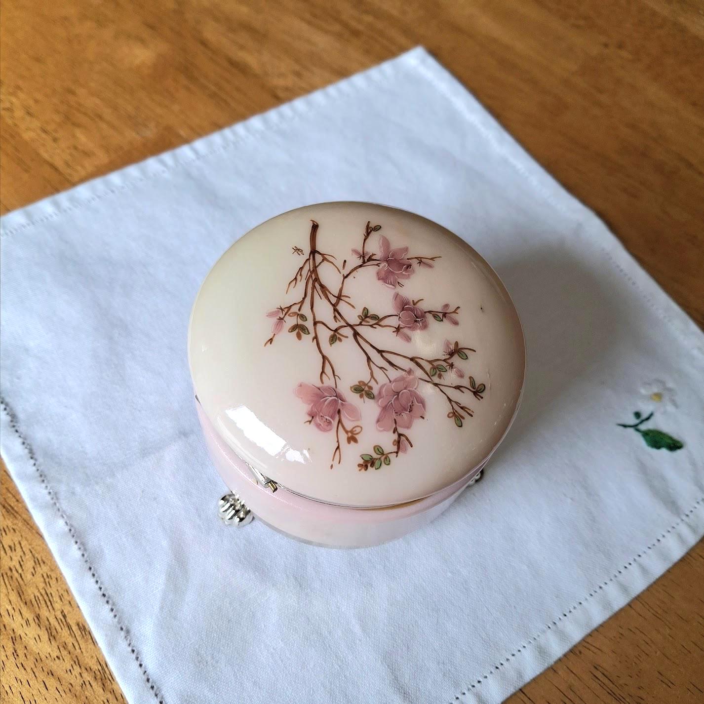 Vintage Hand Carved Pink Alabaster Jewelry Trinket Box, Cherry