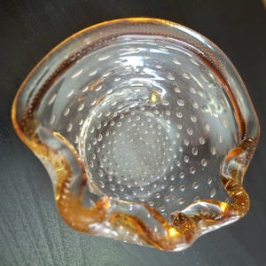 Murano, controlled Bubble Glass dish, Golden Orange and Clear,  Vintage 1950’s