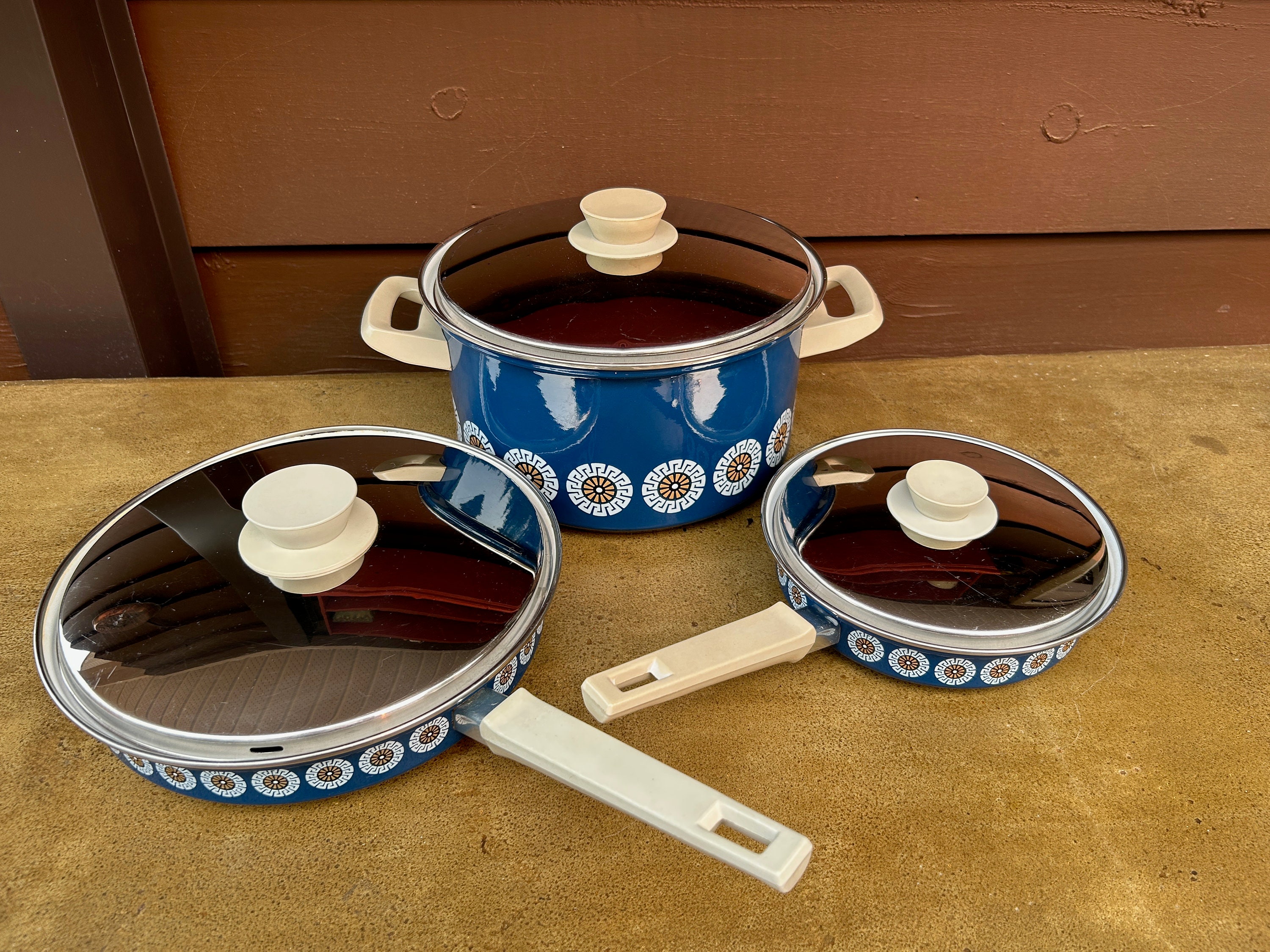 Vintage White & Red Enamel Cooking Pans Set of 3 Camping Rustic Pans