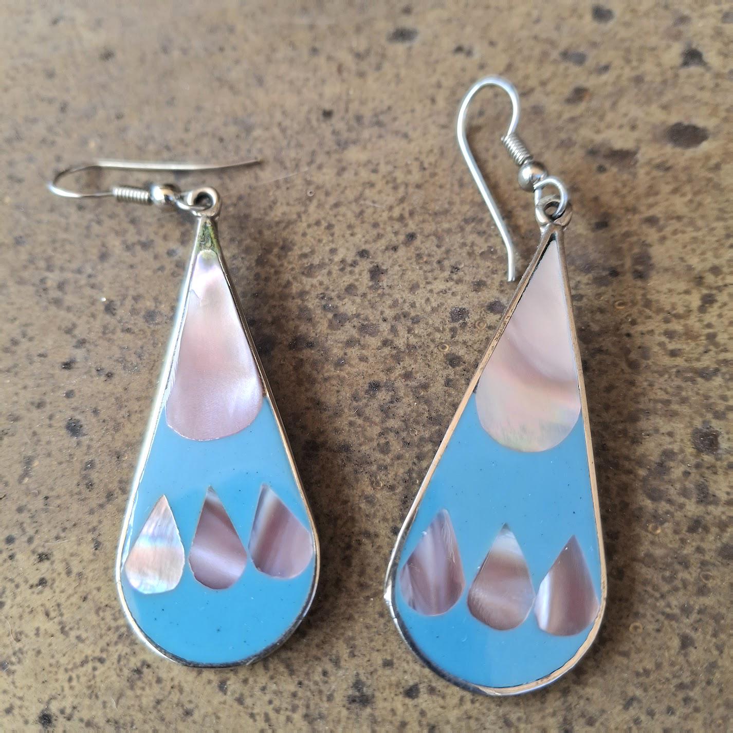 Earrings, Mexico Alpaca Silver, Blue and Pink Abalone, Enamel 