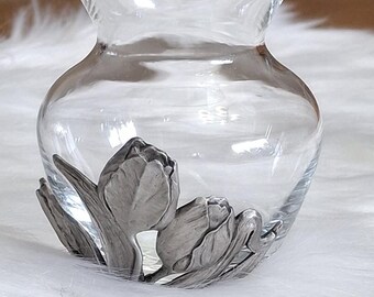 Seagull Pewter, Small Glass Vase, Tulip Design, Flowers, Vintage