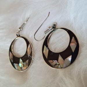 Earrings, Mexican Silver, Abalone, Enamel, Shell Inlay, Vintage