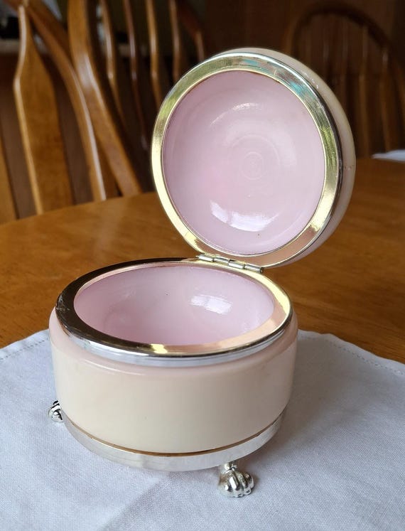 Vintage Hand Carved Pink Alabaster Jewelry Trinket Box, Cherry