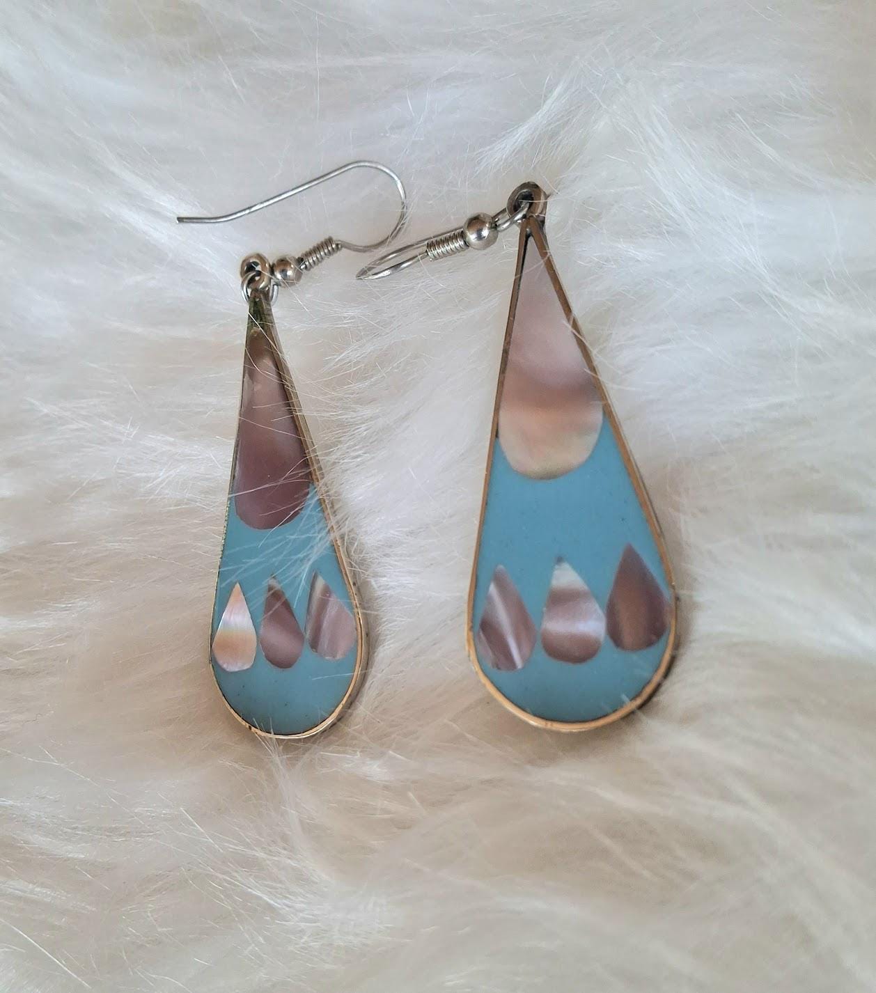 Earrings, Mexico Alpaca Silver, Blue and Pink Abalone, Enamel 