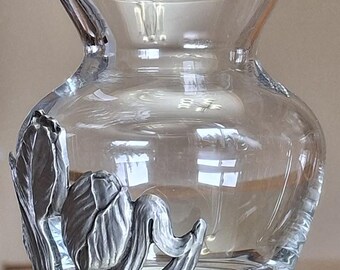 Seagull Pewter, Small Glass Vase, Tulip Design, Flowers, Vintage