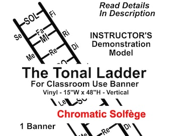 May include: Black and white illustration of a musical ladder with the words "The Tonal Ladder" and "Chromatic Solfège" printed on it. The ladder is labeled with the solfège syllables: Do, Re, Mi, Fa, Sol, La, Ti. The banner is 15 inches wide and 48 inches high.
