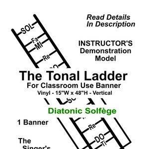 May include: Black and white illustration of a musical ladder with the words "The Tonal Ladder" and "Diatonic Solfège" printed on it. The ladder is labeled with the solfège syllables: Do, Re, Mi, Fa, Sol, La, Ti. The text below the ladder reads "For Classroom Use Banner, Vinyl - 15"W x 48"H - Vertical, 1 Banner, The Singer's System".