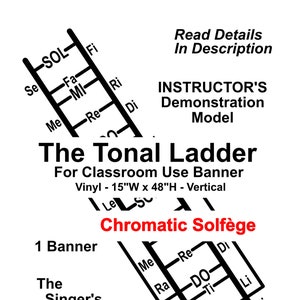 May include: Black and white illustration of a musical ladder with the words "The Tonal Ladder" and "Chromatic Solfège" printed on it. The ladder is labeled with the solfège syllables: Do, Re, Mi, Fa, Sol, La, Ti. The banner is 15 inches wide and 48 inches high.