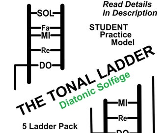 May include: A black and white illustration of a musical ladder with the words "The Tonal Ladder" and "Diatonic Solfège" written on it. The ladder has the notes "Do, Re, Mi, Fa, Sol, La, Ti" written on it. The text "5 Ladder Pack" and "The Singer's System" are also written on the image.