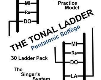May include: A black and white graphic featuring two ladder diagrams labeled with musical solfège notes. Text includes Read Details In Description, STUDENT Practice Model, THE TONAL LADDER, Pentatonic Solfège, 30 Ladder Pack, and The Singer's System.