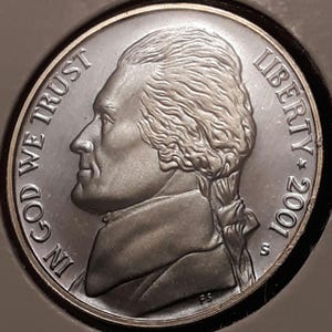 2001-S Thomas Jefferson Monticello nickel BU Brilliant uncirculated PROOF this came from a 2001-S silver proof set full stairs
