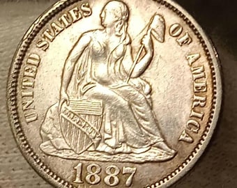 2つのミントエラー 1887-P 着席型リバティダイム AU ほぼ無地 90% 銀 AU55 状態
