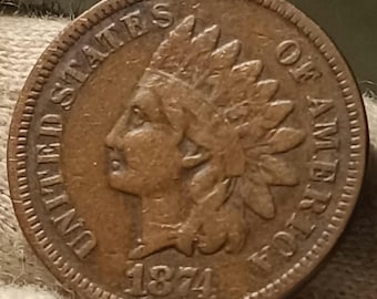 1874-P Indian head penny Very Fine+ condition tougher date better date