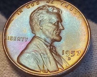 1957-D Toner Lincoln wheat penny UNC uncirculated its much more colorful in person rainbow toned