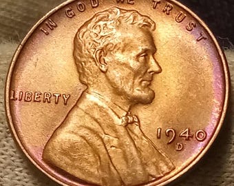 1940-D Toner Lincoln wheat penny BU Brilliant uncirculated beautifully rainbow toned