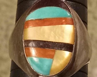 Vintage Navajo cutchina zuni Sterling Silver Inlay Ring Turquoise, Coral, Mother of Pearl, Onyx, Size 11 old pawn ring