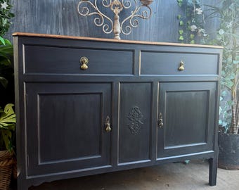 antique Vintage 1950s carved oak gothic style black sideboard buffet dresser