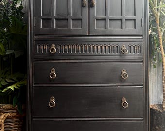 Vintage Oak Jacobean Tudor Style Cupboard: Linen Press Drinks Cabinet Chest