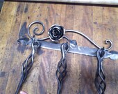 Hand Forged, Three Piece Fire Place Tools Set with Wall Mounted Rack