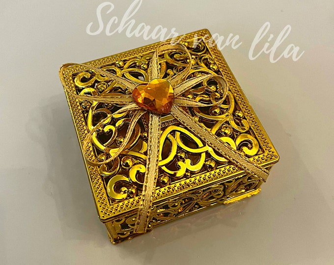 Wedding Favor Gold Box | Party Gift Box Favors | Gold boxes with blue ribbon | Wedding favors for guests in bulk | Nikkah