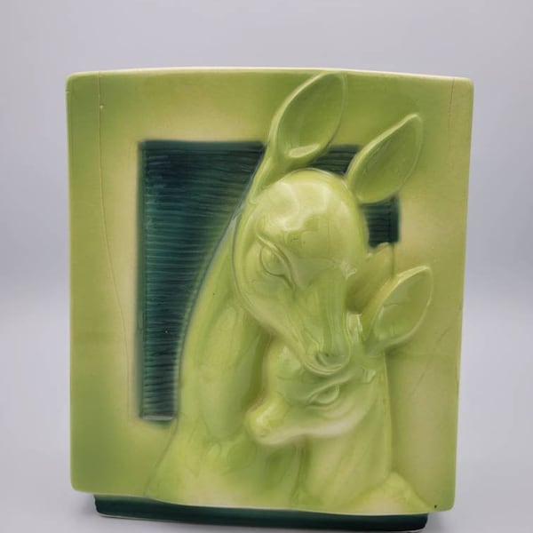 Royal Copley Green Doe and Fawn Deer Square Vase "As Is"