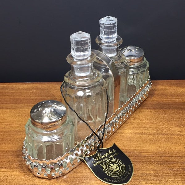 Vintage Sliver Plated Glass Salt Pepper Oil Vinegar Cruets Service Set