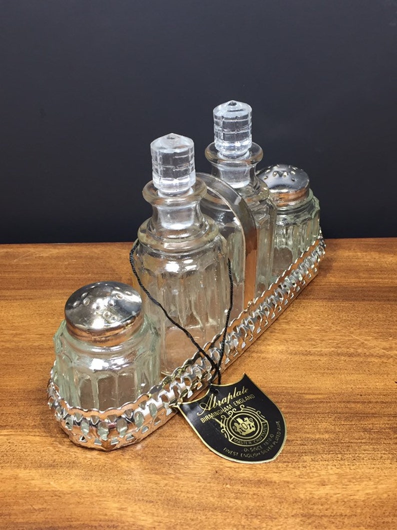 Vintage Sliver Plated Glass Salt Pepper Oil Vinegar Cruets Service Set