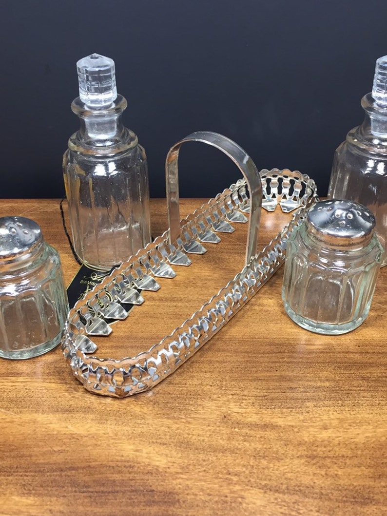Vintage Sliver Plated Glass Salt Pepper Oil Vinegar Cruets Service Set