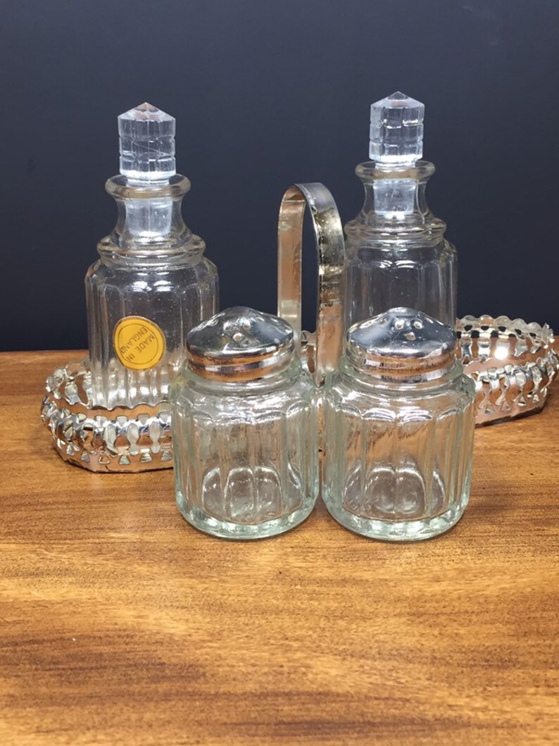 Vintage Sliver Plated Glass Salt Pepper Oil Vinegar Cruets Service Set