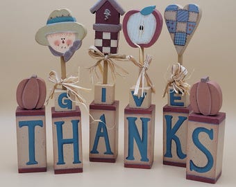 Give Thanks Thanksgiving Shelf Sitter Wood Blocks