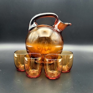 Cambridge Amber 32oz Art Deco Tilt Ball Decanter 4 Cordial Glasses