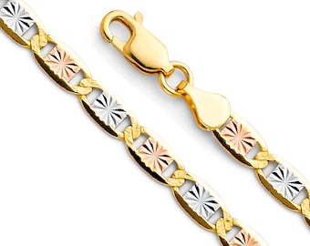 Solid 14K Tri Gold Valentino Star Bracelet, 4.2 mm width, Tri Color Diamond Cut Chain Bracelet, Thick 14K Gold Valentino Chain