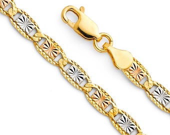 Solid 14K Tri Gold Valentino Star Rail Chain, 4.2 mm width, Tri Color Diamond-Cut Necklace, Thick 14K Gold Valentino Chain