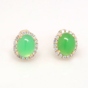 Solid 14K Gold Jade Earrings with Gems • Real 14K Yellow Gold Jade Earrings • Real Jade Stone and Cubic Zirconia Gems •