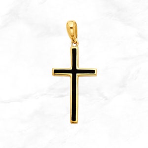 Solid 14K Gold Cross Pendant with Black Enamel • Real 14K Yellow Gold Cross • Religious Christian Pendant • Baptism Gift