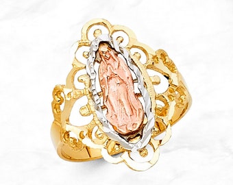 14K 3 Color Gold Virgin Mary Ring, Real 14K Gold Virgin de Guadalupe Ring, Tri Color Gold Lady of Guadalupe Ring