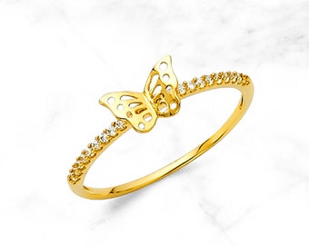 14K Gold Butterfly with Petite Gems Ring, Real Yellow Gold Butterfly Ring, CZ Ring, Dainty Butterfly Ring, Small Gold Butterfly Ring